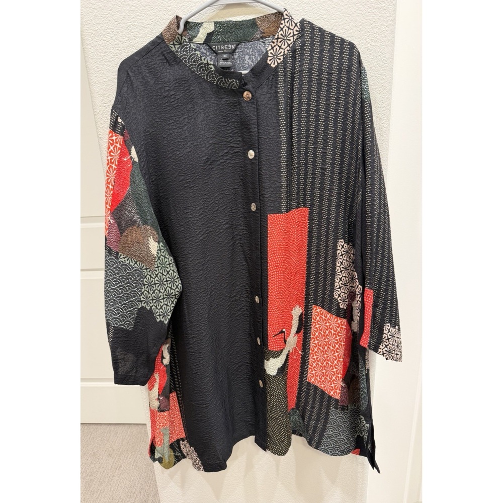 Citron Santa Monica Mandarian Collar Silk & Rayon Asian-print Blouse 3X
